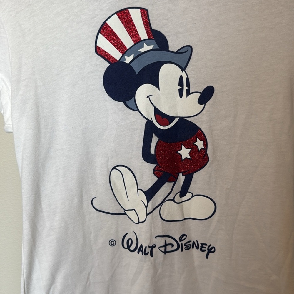 Vintage Walt Disney Patriotic Mickey White T-Shirt Youth Large Glitter USA - Picture 3 of 8